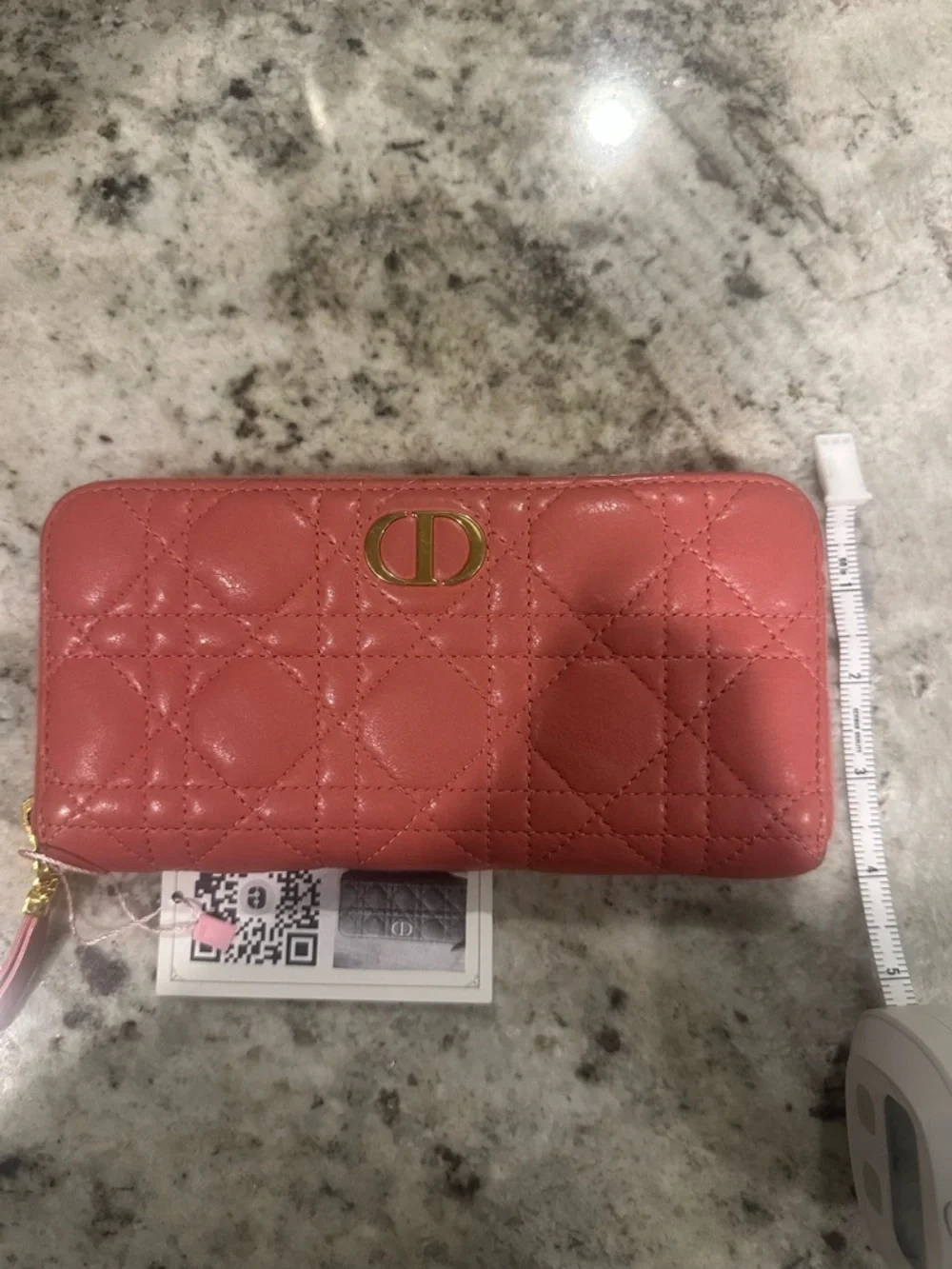 Dior Coral Quilted Pink Zip Wallet with Gold CD Emblem
